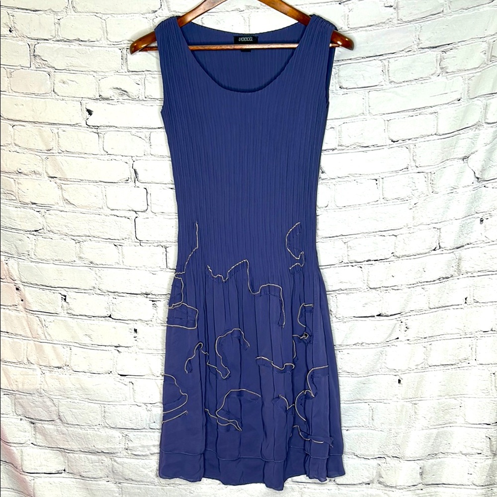 Veeca Blue & Beige Sleeveless Pleated Bodice Dress Size X-Small